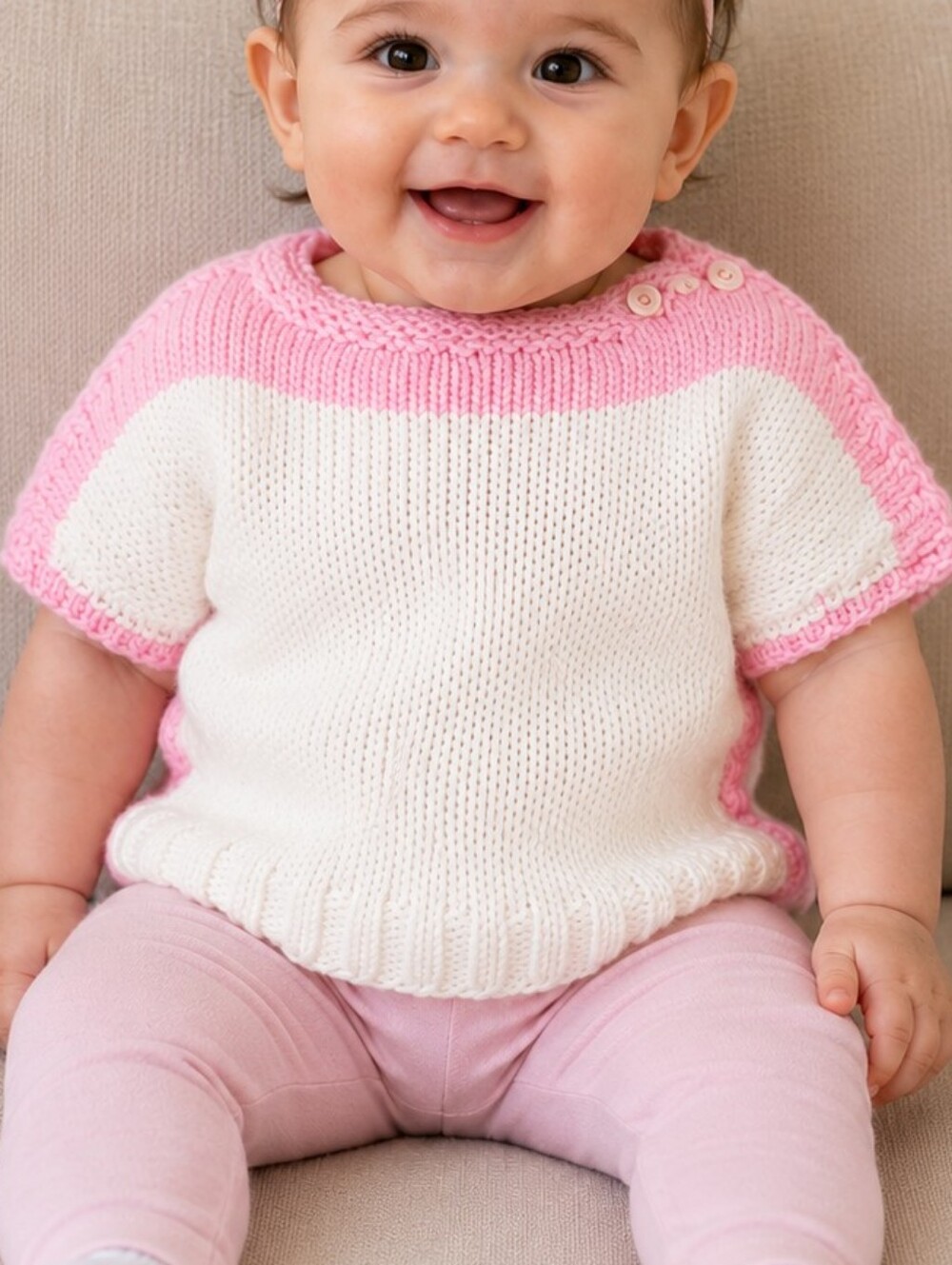 Handmade Baby Knit Sweater Pink & White | Size 6–9 Months | Brand New